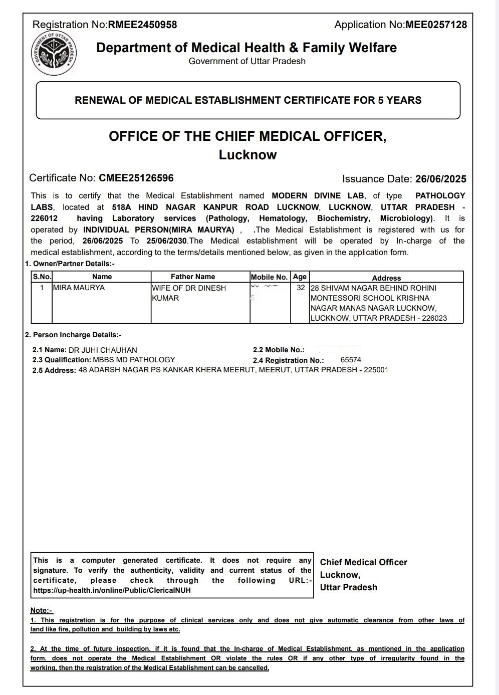 Medical Establishment Certificate